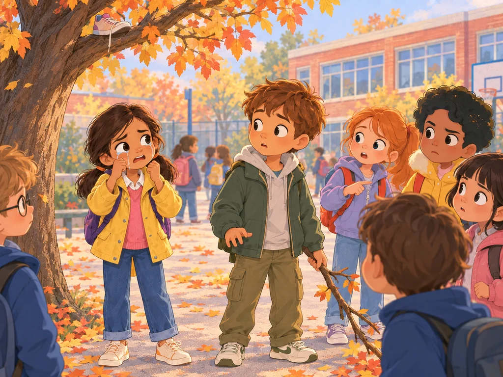 Une chaussure est coincée dans un arbre tandis que Lina pleure et qu’Adam tient une branche sous le regard d’autres enfants