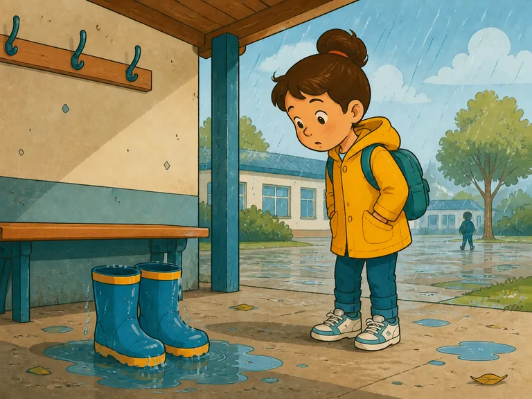 Une enfant regarde une paire de bottes mouillées devant une école sous la pluie